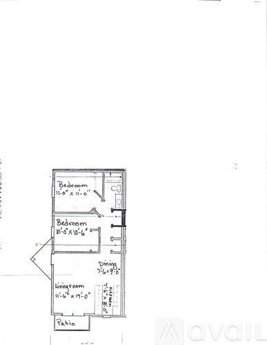 A floor plan of a house with labeled rooms including Bedroom, Dining, Living room, and Patio.