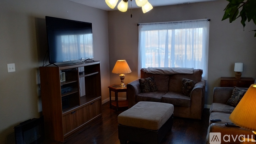 A living room with a couch, chair, and television.