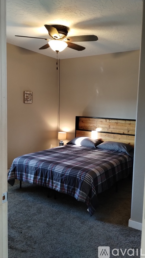 A bedroom with a bed, a ceiling fan, and a nightstand with a lamp.