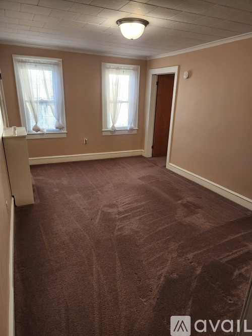 A room with brown carpeting and two windows.