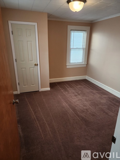 A room with a brown carpet and a white door.