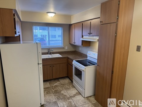 A kitchen with a white refrigerator, a white sink, and wooden cabinets.