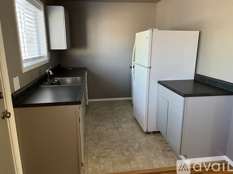 A kitchen with a white fridge and a sink.
