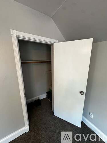 A room with a white door and a cat sitting on the floor.