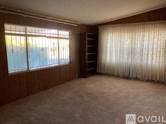 A room with a window, curtains, and a carpeted floor.