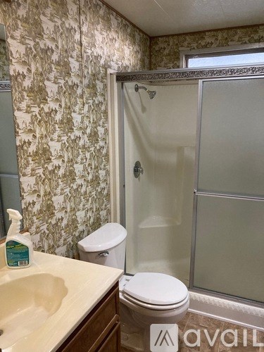 A bathroom with a toilet, sink, and shower.