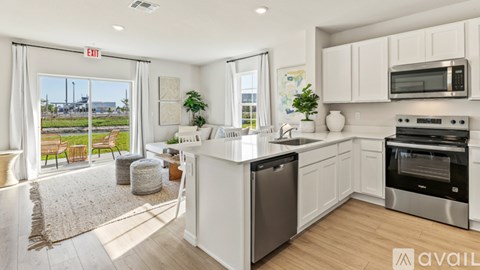 A modern kitchen with white cabinets and stainless steel appliances.
