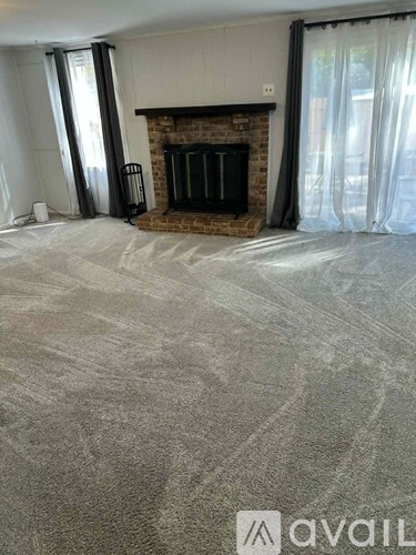 A living room with a fireplace and a carpet.