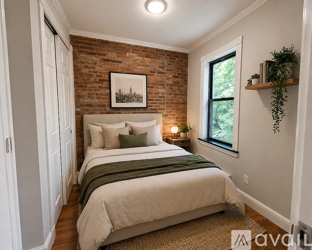 A bedroom with a brick wall and a bed with a green and white striped comforter.