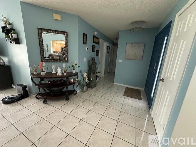 A hallway with a mirror and a door on the right.