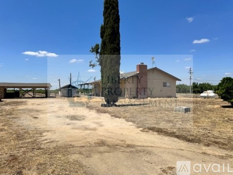 A dirt field with a tree and a building in the background.