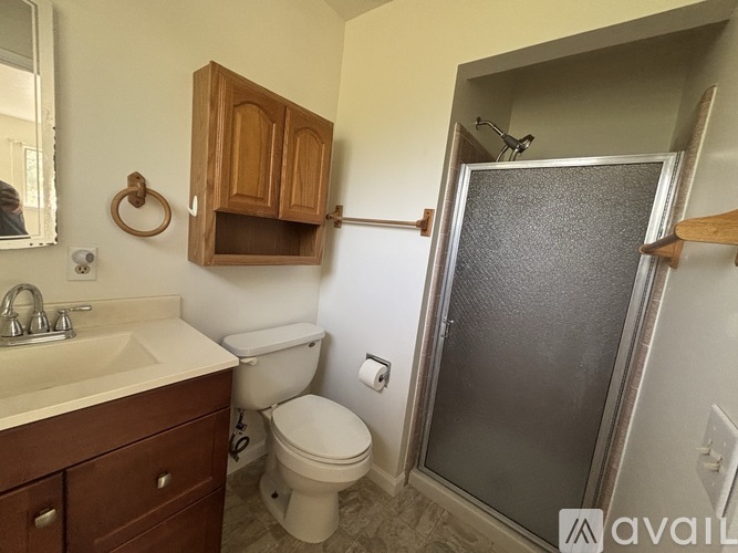 A bathroom with a toilet, sink, and shower.