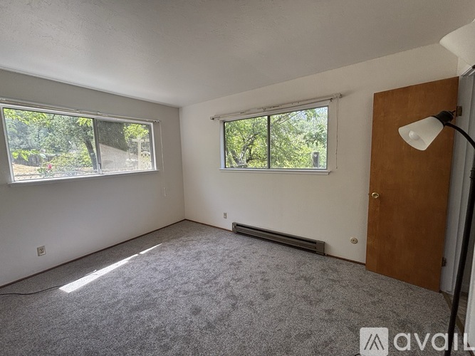 A room with a grey carpet, two windows, and a wooden door.