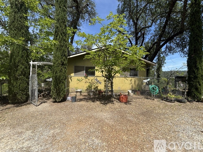 A yellow house surrounded by trees and a gravel driveway.