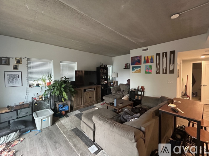 A living room with a couch, a television, and a potted plant.