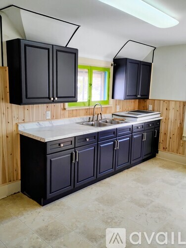 A kitchen with black cabinets and a marble countertop.