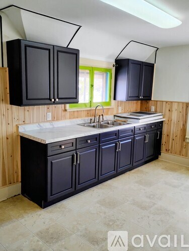 A kitchen with black cabinets and a marble countertop.
