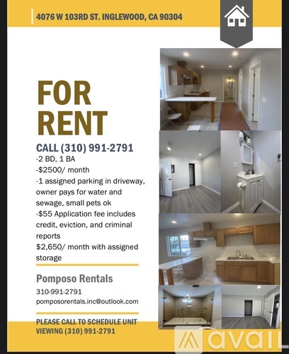 A flyer advertises a rental property at 4076 W 103rd St, Inglewood, CA 90304.