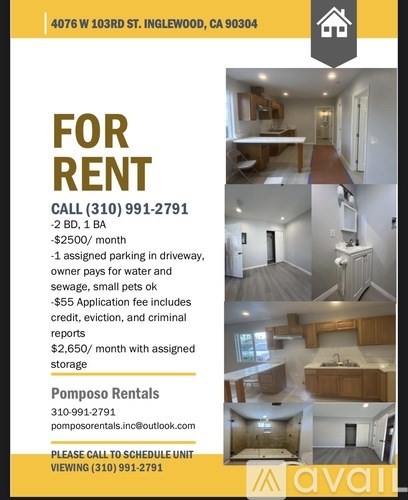 A flyer advertises a rental property at 4076 W 103rd St, Inglewood, CA 90304.