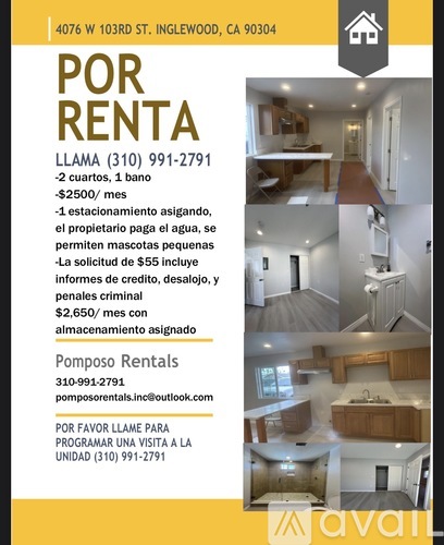 A flyer for a rental property at 4076 W 103rd St, Inglewood, CA 90304.