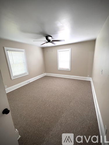 A room with a carpeted floor, a ceiling fan, and two windows.