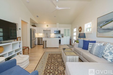 A living room with a white couch and a rug.