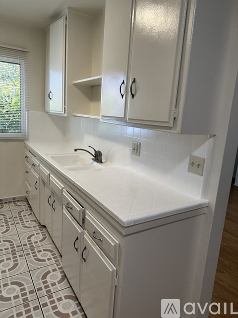 A white kitchen with a sink and cabinets.