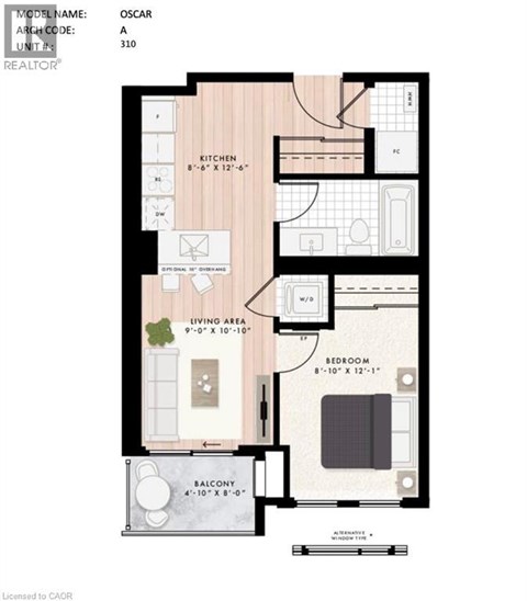 A floor plan for a home named Oscar, Unit A, shows a kitchen, living area, bedroom, and balcony.