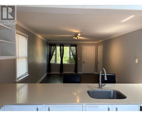 A kitchen with a sink and a window with curtains.