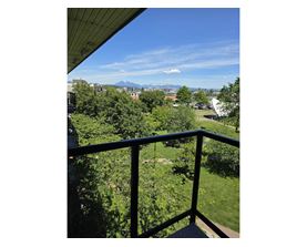A balcony overlooks a lush green yard and distant mountains.
