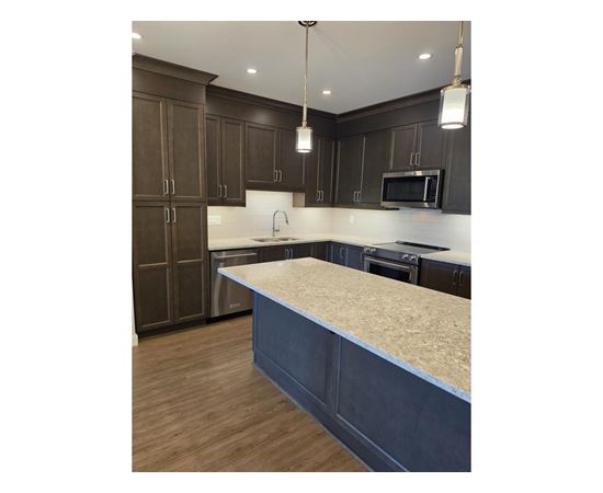 A kitchen with dark brown cabinets and a light countertop.