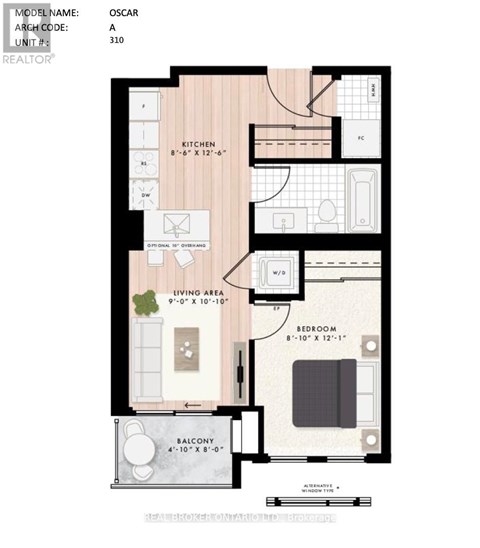 A floor plan for the Oscar apartment model shows a living area, kitchen, bedroom, and balcony.