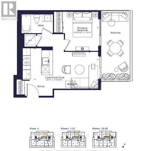 A floor plan of an apartment with a primary bedroom, bathroom, balcony, and live/cook/dine area.