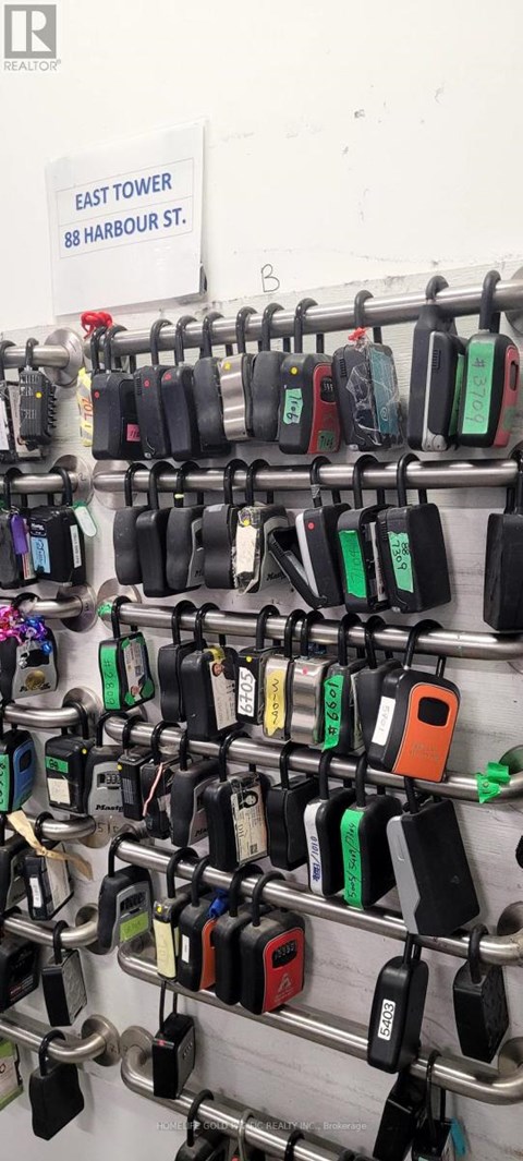 A wall of padlocks, one of which has a keychain attached.