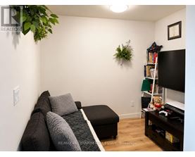 A living room with a couch, a television, and a plant on the wall.