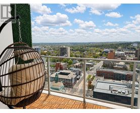 A birdcage is hanging from a chain on a balcony overlooking a cityscape.
