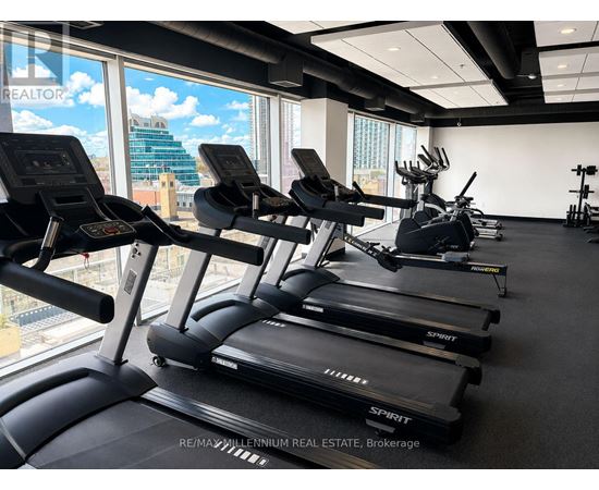 A gym with treadmills and exercise equipment.