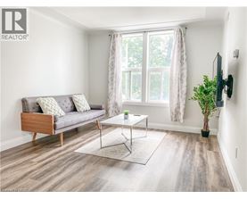 A living room with a grey couch, a white coffee table, and a plant.