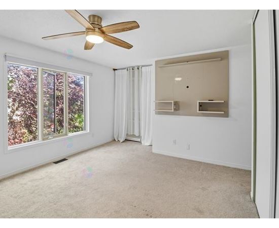 A room with a ceiling fan and a window with a view of trees.