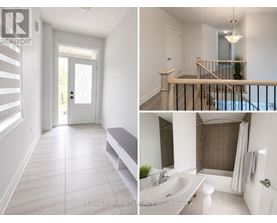 A white interior of a house with a door, a staircase, and a bathroom.