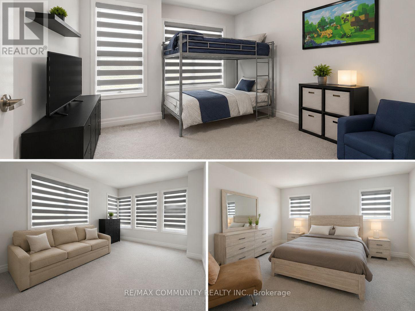 A bedroom with a bunk bed and a couch.