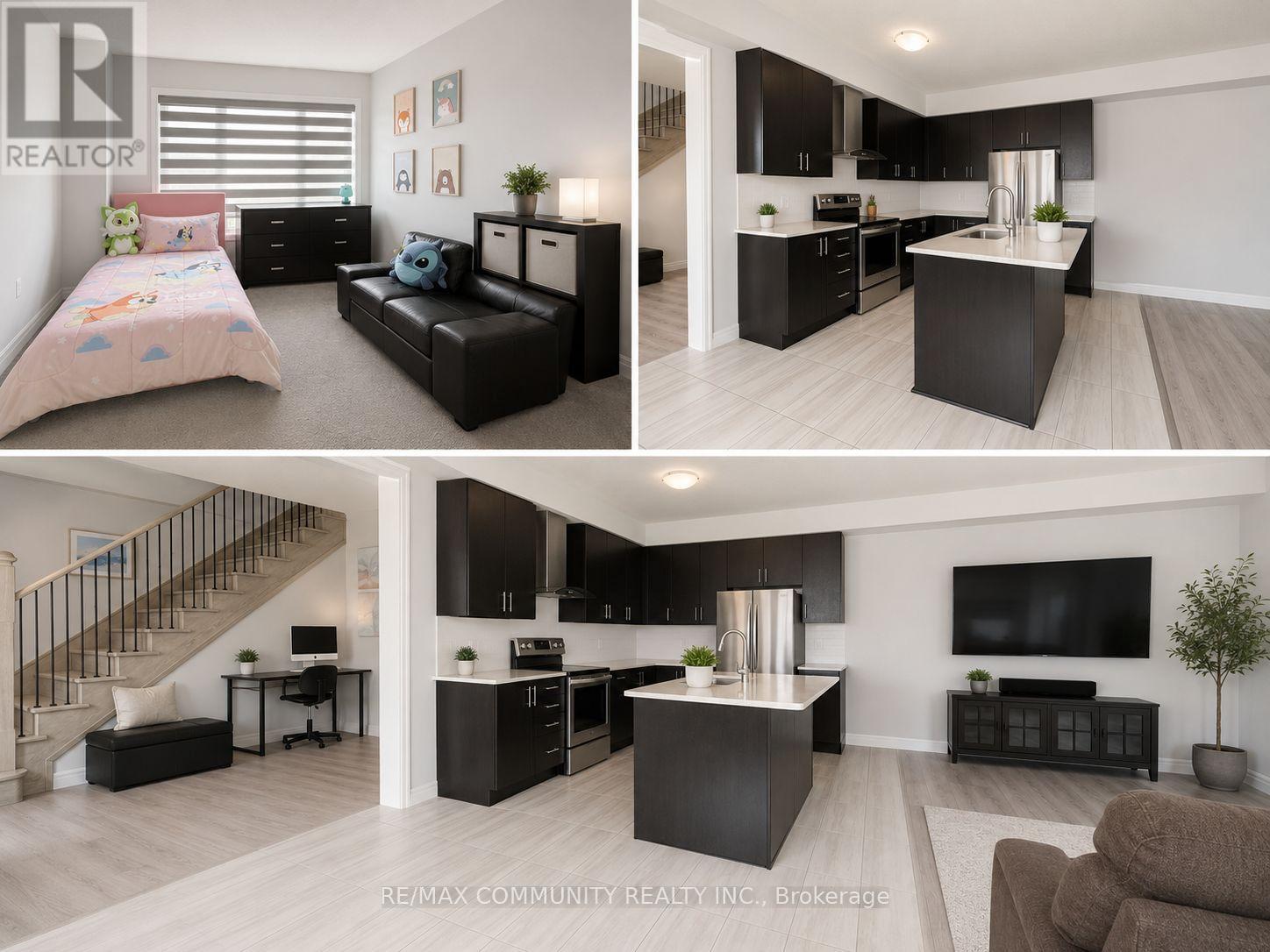 A black and white photo of a bedroom, kitchen, and living room.