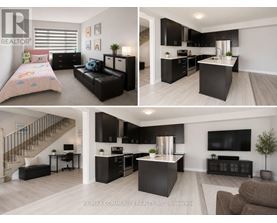 A black and white photo of a bedroom, kitchen, and living room.