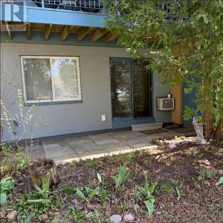A house with a blue door and a window is surrounded by greenery.