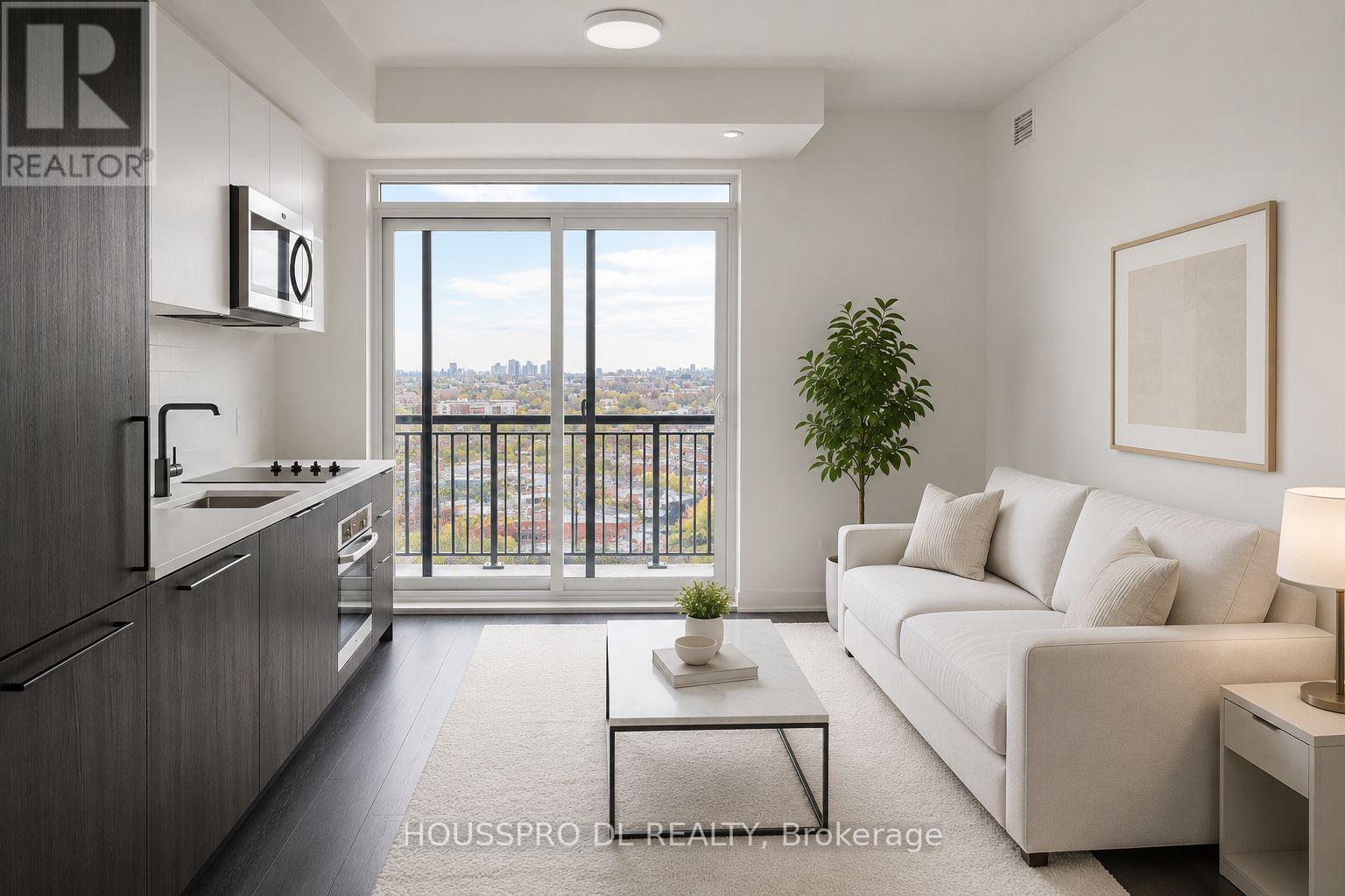 A modern living room with a view of the city.