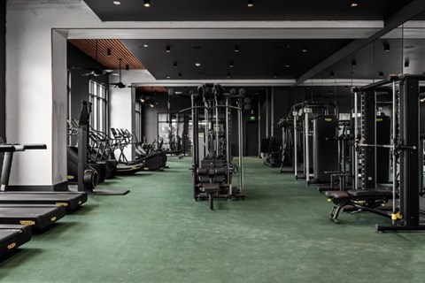 A gym with a variety of equipment including treadmills, weights, and exercise machines.