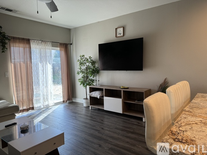 A living room with a television, a bed, and a plant.