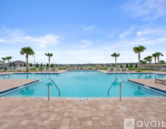 A large outdoor swimming pool surrounded by palm trees.