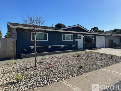 A blue house with a gravel driveway and a leafless tree in front.