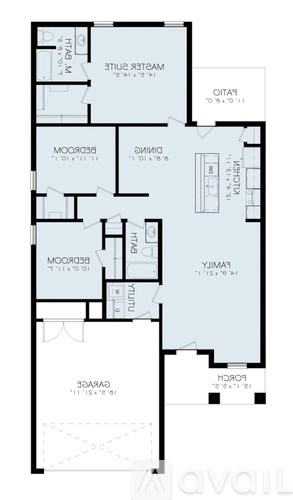 A floor plan of an apartment with a living room, two bedrooms, a bathroom, and a kitchen.